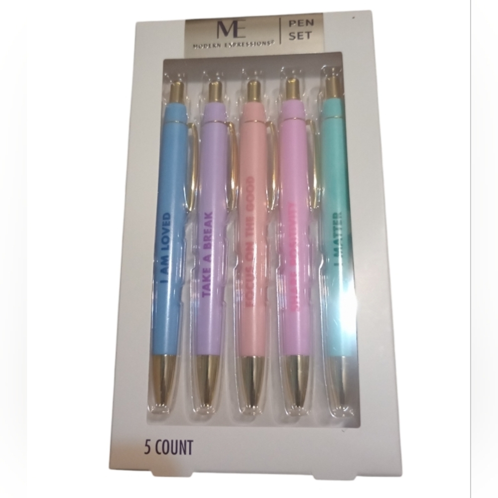New 5 Count set of Inspirational Colored Ink Pens